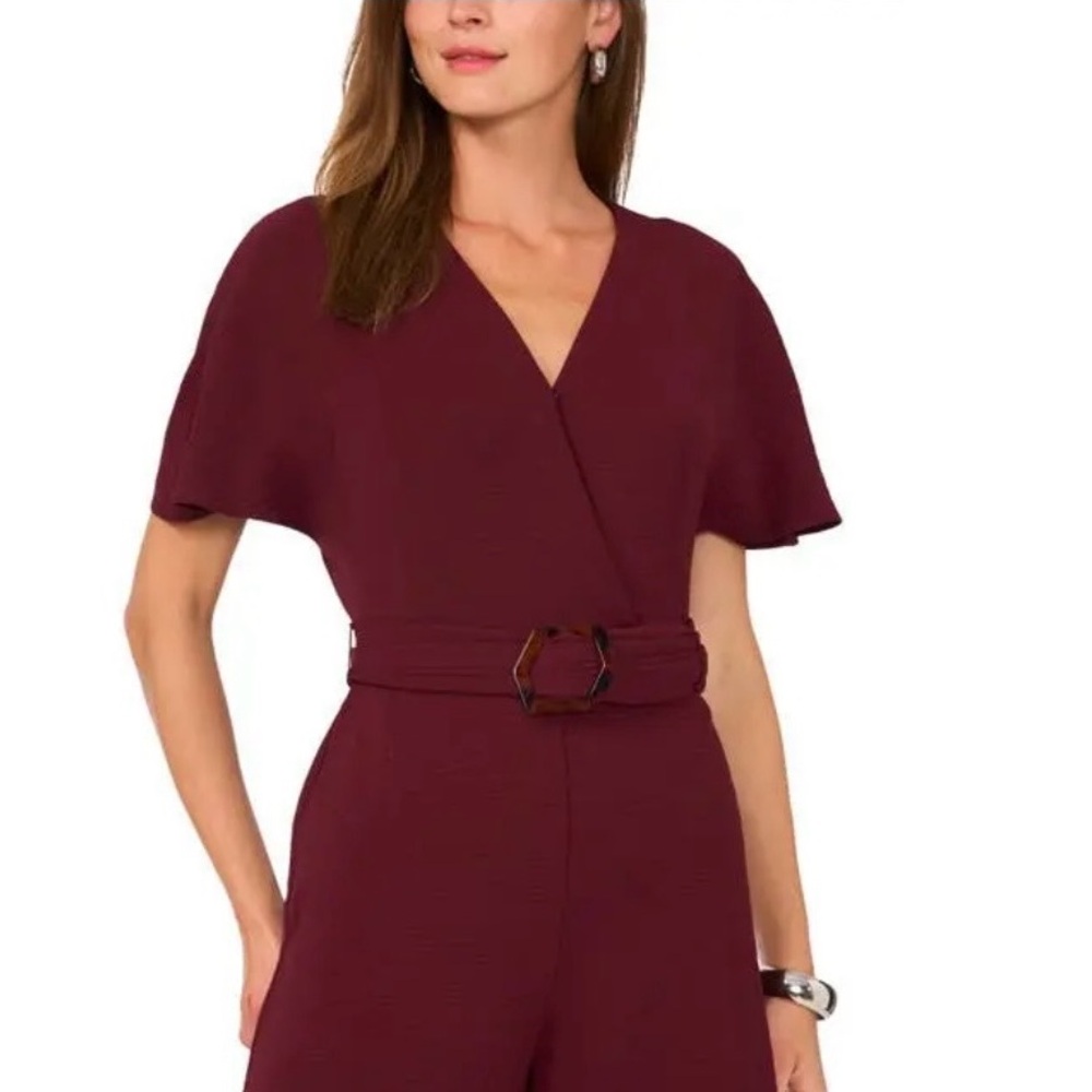 Vince Camuto Paradise Chic Crisp Merlot Wrap Jumpsuit with Buckle Belt, XL